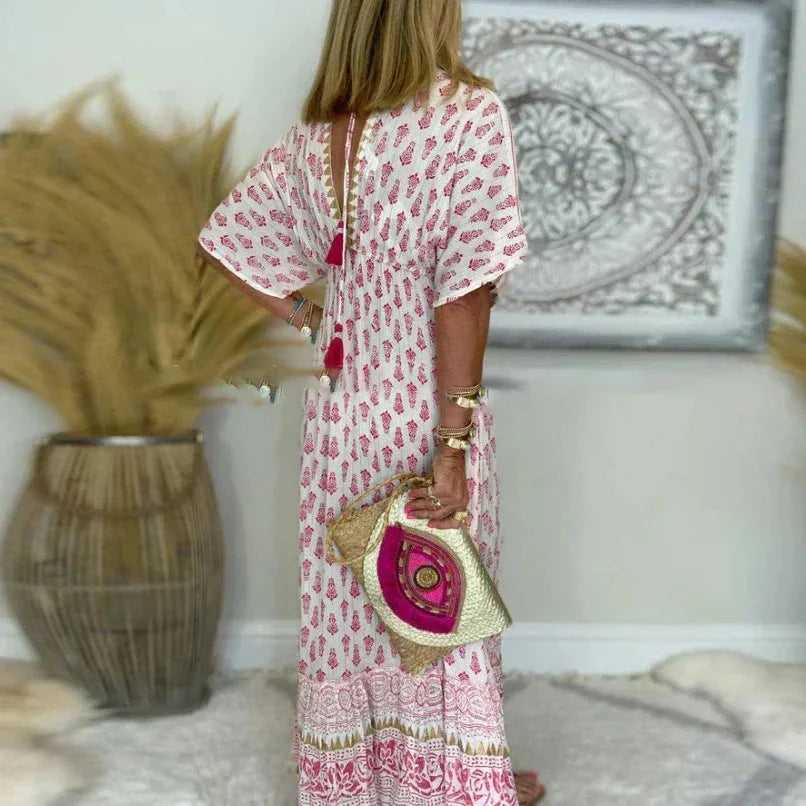 Women's printed boho maxi dress with V-neck and short sleeves – Pink