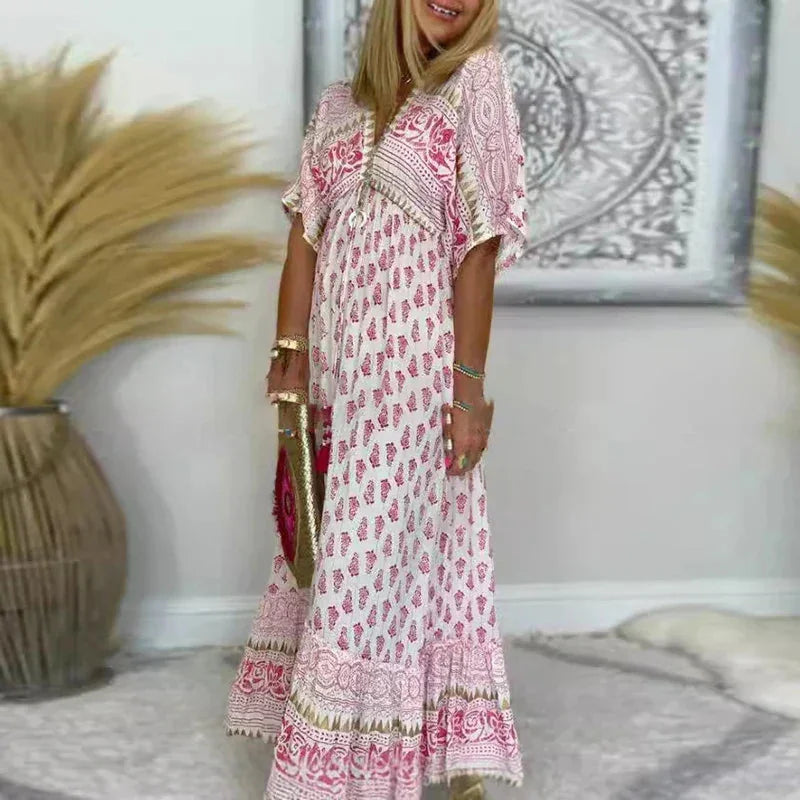 Women's printed boho maxi dress with V-neck and short sleeves – Pink