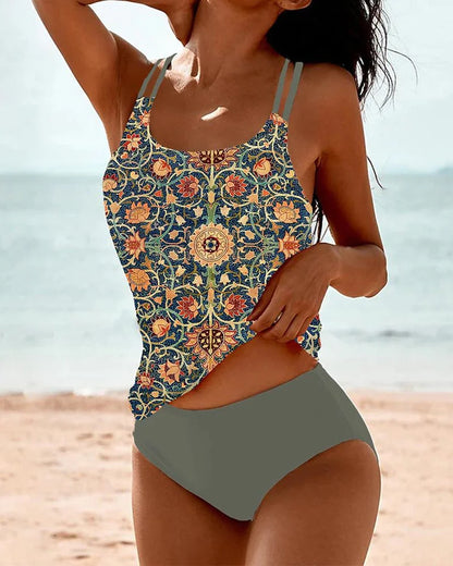 Women's printed floral tankini with double spaghetti straps and high-waisted briefs – Green (Almost sold out)