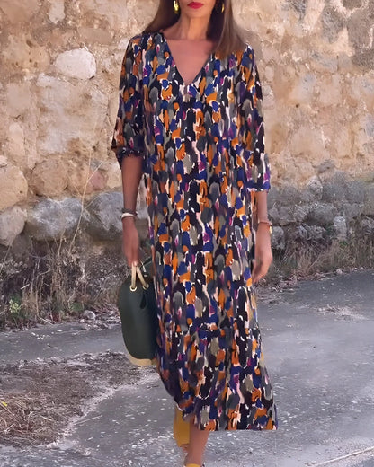 Women's printed flowy midi dress with V-neck 3/4 sleeve tiered design – Multicoloured