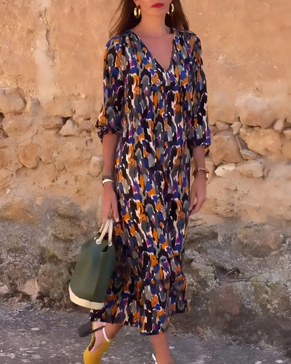 Women's printed flowy midi dress with V-neck 3/4 sleeve tiered design – Multicoloured