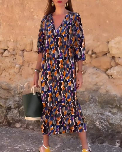Women's printed flowy midi dress with V-neck 3/4 sleeve tiered design – Multicoloured