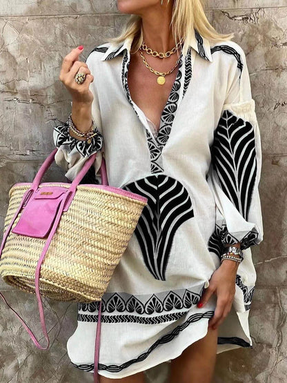 Women's printed mini shirt dress with collared V-neck long sleeves – Black