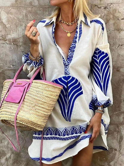 Women's printed mini shirt dress with collared V-neck long sleeves – Blue