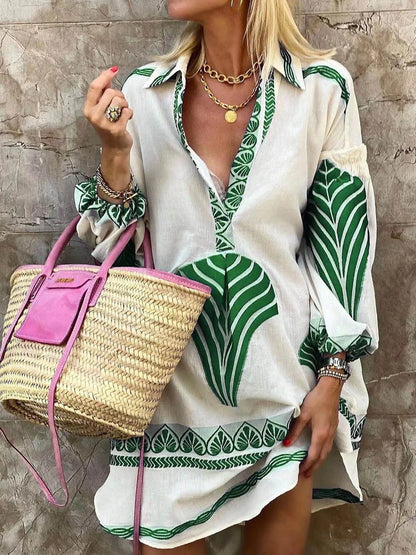 Women's printed mini shirt dress with collared V-neck long sleeves – Green