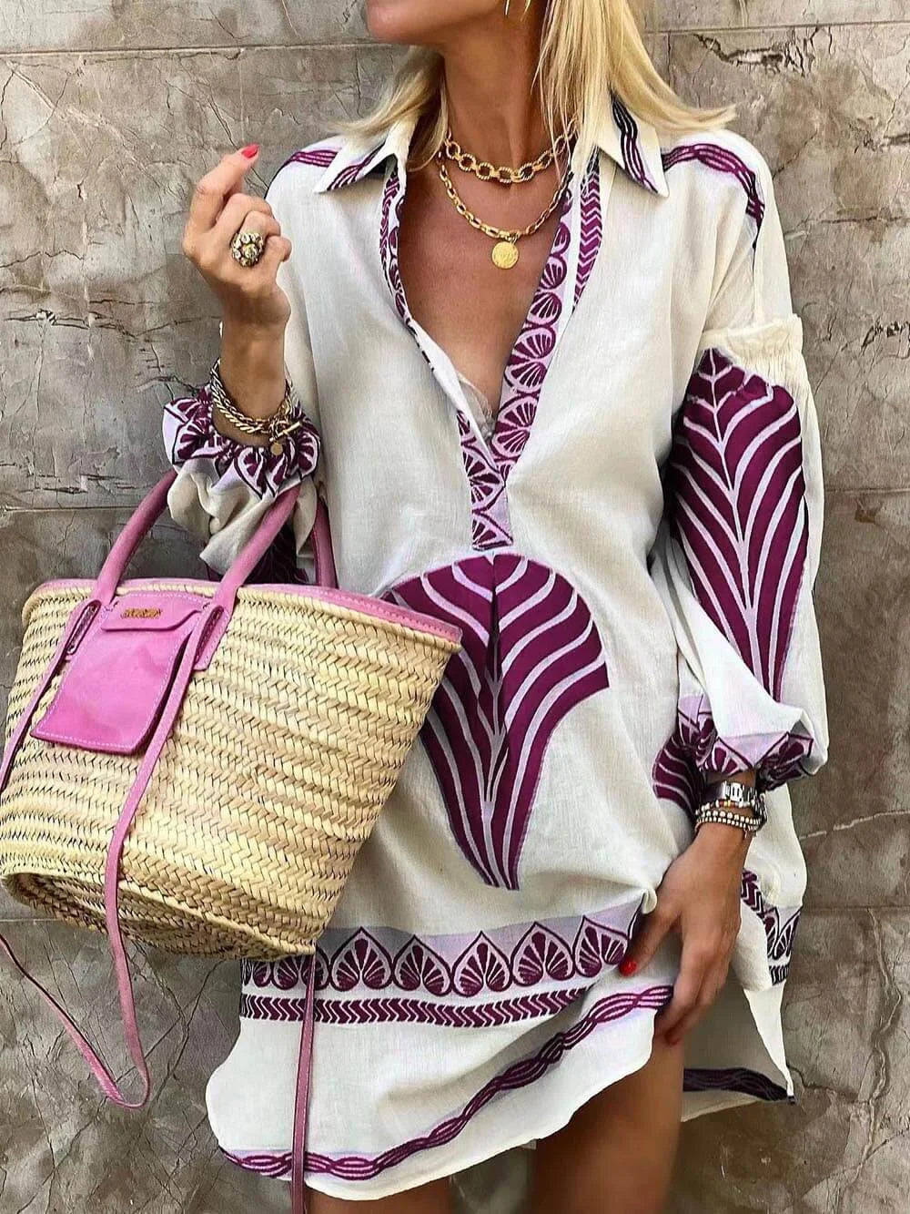 Women's printed mini shirt dress with collared V-neck long sleeves – Purple