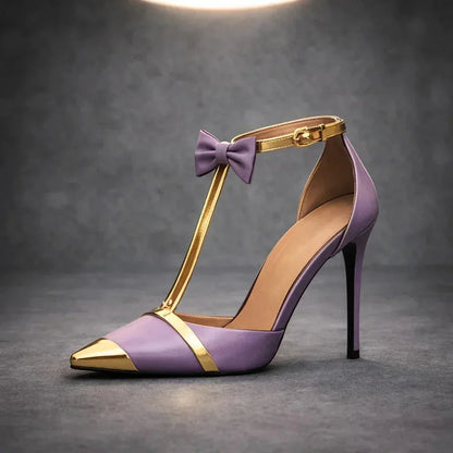 Women's pointed-toe T-strap stiletto heels with metallic tip and bow