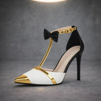 Women's pointed-toe T-strap stiletto heels with metallic tip and bow