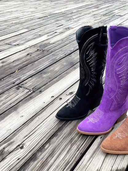 Women's suede western embroidered boots with zip-up pointed-toe chunky-heel
