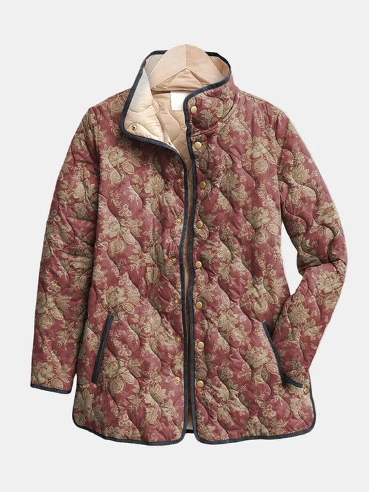 Women's quilted floral print jacket with snap-button front and stand collar – Dark Pink