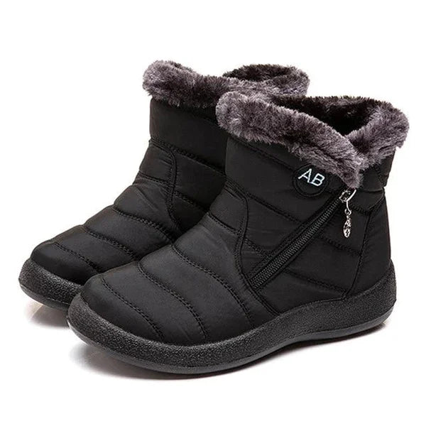 Women's quilted fur-lined winter ankle boots with soft sole and zipper – Black