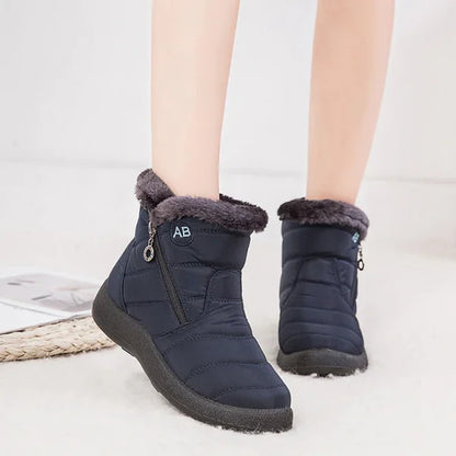 Women's quilted fur-lined winter ankle boots with soft sole and zipper
