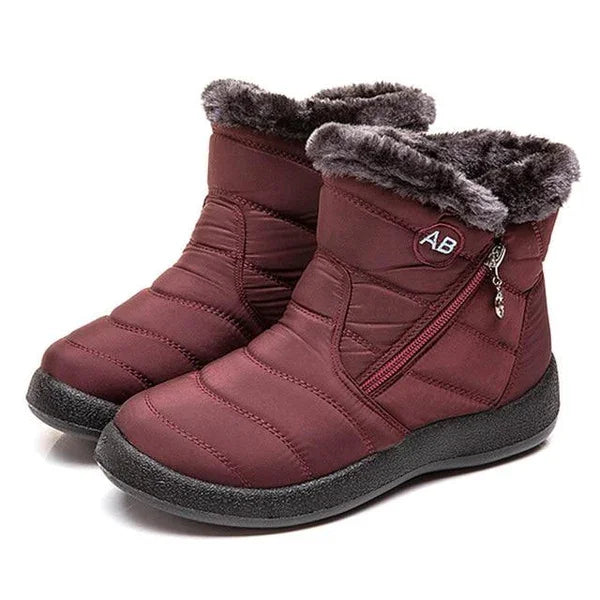 Women's quilted fur-lined winter ankle boots with soft sole and zipper – Red