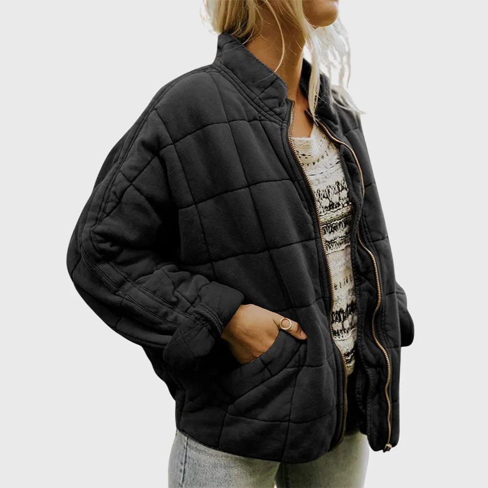 Women's quilted jacket with a relaxed denim-jacket fit and stand-up collar – Black