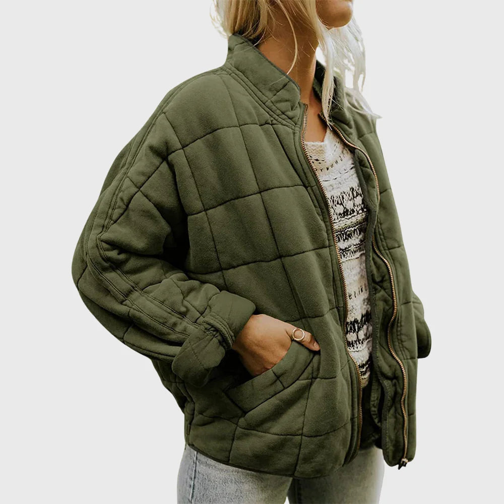 Women's quilted jacket with a relaxed denim-jacket fit and stand-up collar – Green