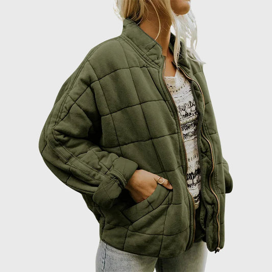 Women's quilted jacket with a relaxed denim-jacket fit and stand-up collar – Green