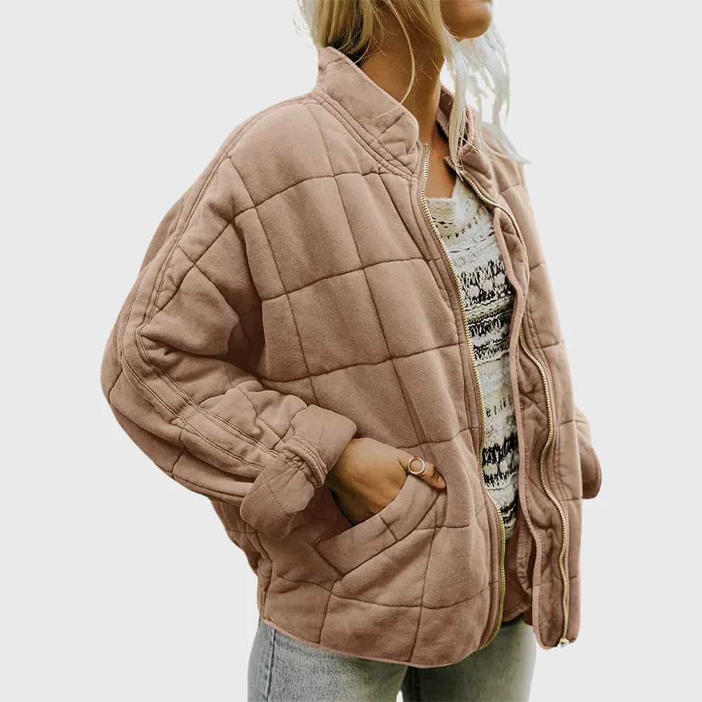 Women's quilted jacket with a relaxed denim-jacket fit and stand-up collar – Khaki