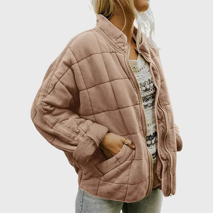 Women's quilted jacket with a relaxed denim-jacket fit and stand-up collar – Khaki