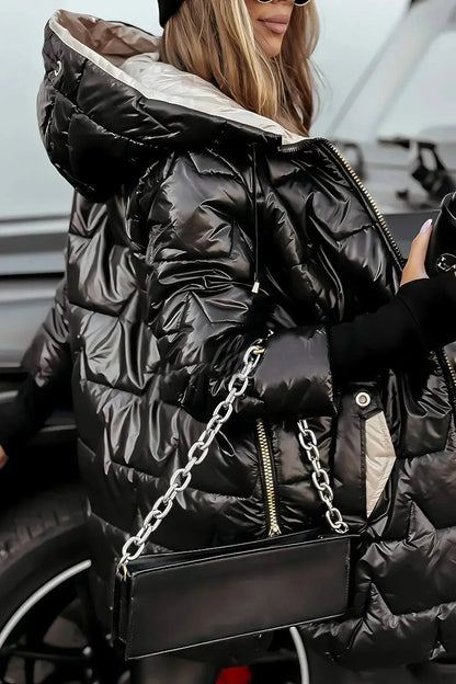 Women's quilted metallic hooded puffer jacket with full zip closure