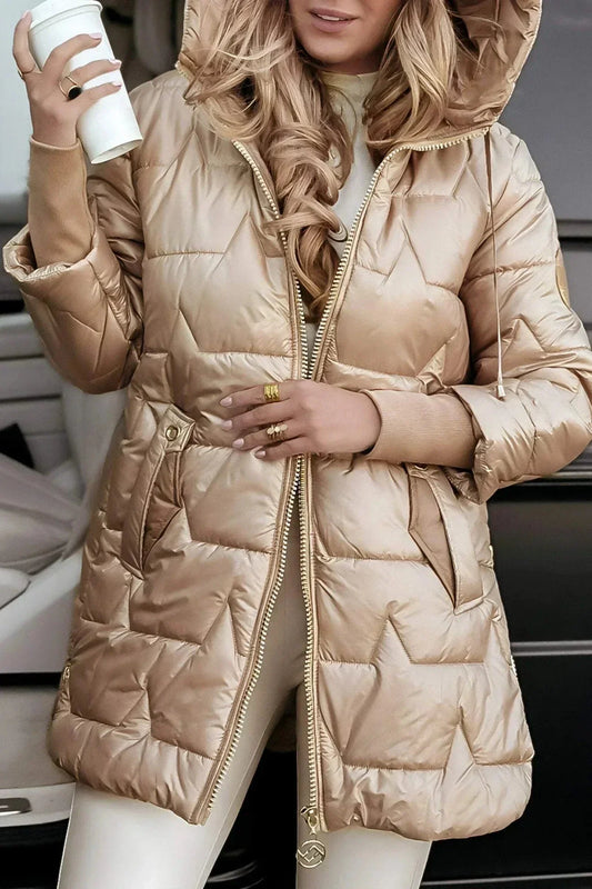 Women's quilted metallic hooded puffer jacket with full zip closure – Beige
