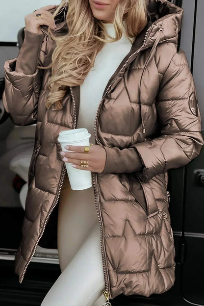 Women's quilted metallic hooded puffer jacket with full zip closure – Brown