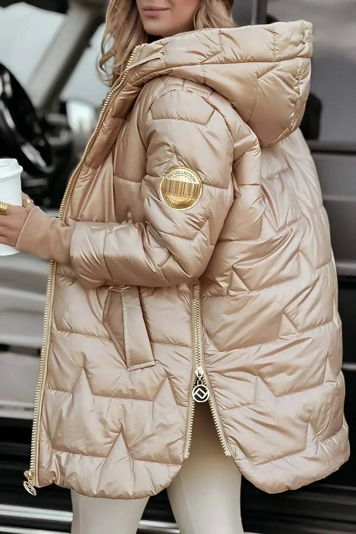 Women's quilted metallic hooded puffer jacket with full zip closure