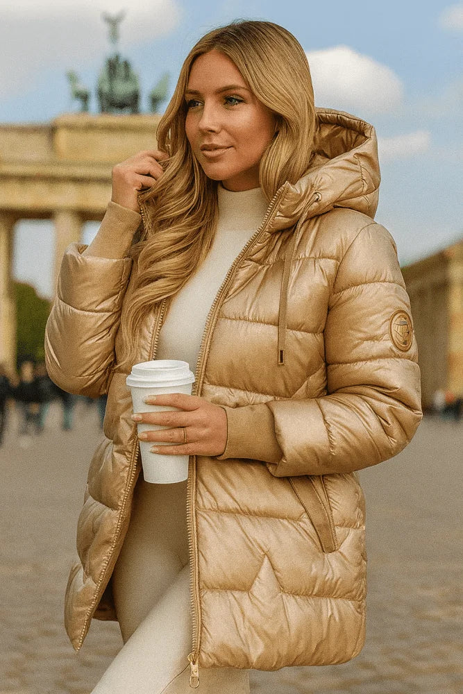 Women's quilted metallic hooded puffer jacket with full zip closure
