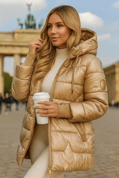 Women's quilted metallic hooded puffer jacket with full zip closure