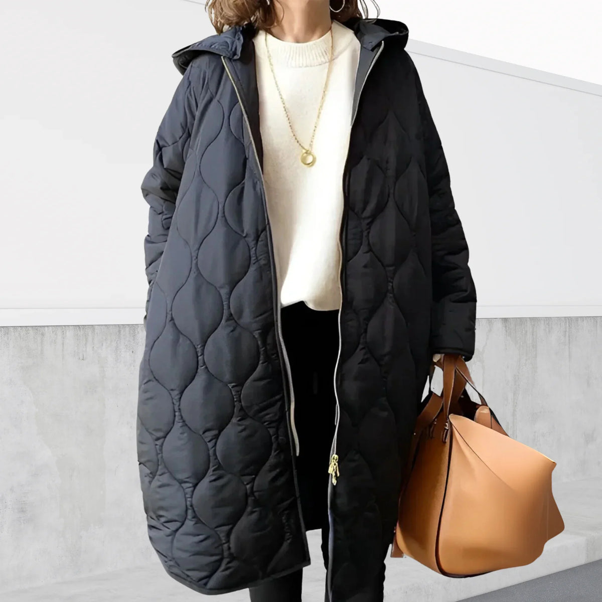 Women's quilted oversized winter puffer coat with hooded full-zip design – Black