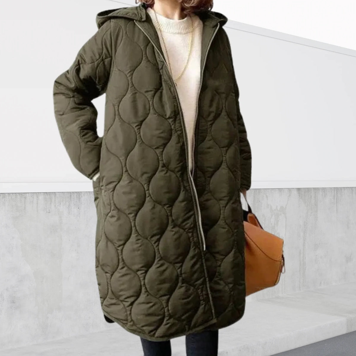 Women's quilted oversized winter puffer coat with hooded full-zip design – Dark green
