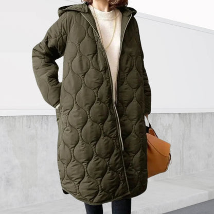 Women's quilted oversized winter puffer coat with hooded full-zip design – Dark green