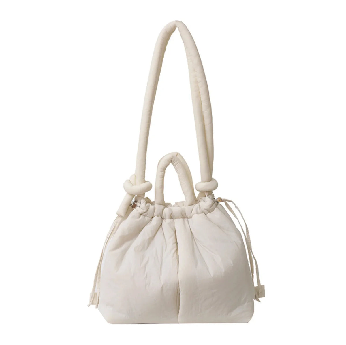 Women's quilted puffer tote bag with drawstring sides and knot-detail strap – Beige
