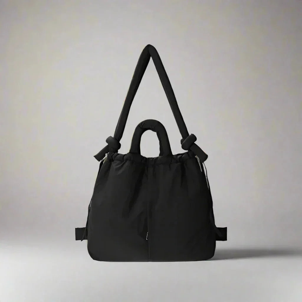 Women's quilted puffer tote bag with drawstring sides and knot-detail strap – Black
