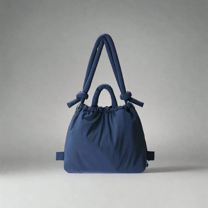 Women's quilted puffer tote bag with drawstring sides and knot-detail strap – Blue