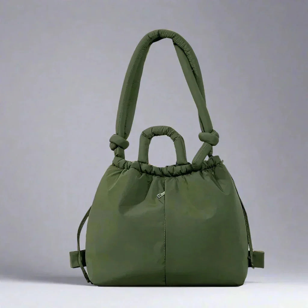 Women's quilted puffer tote bag with drawstring sides and knot-detail strap – Light Green