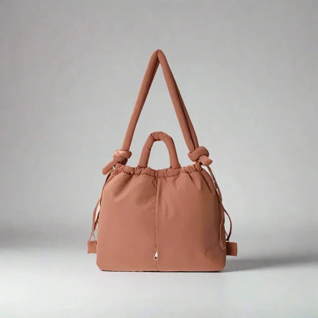 Women's quilted puffer tote bag with drawstring sides and knot-detail strap – Rose