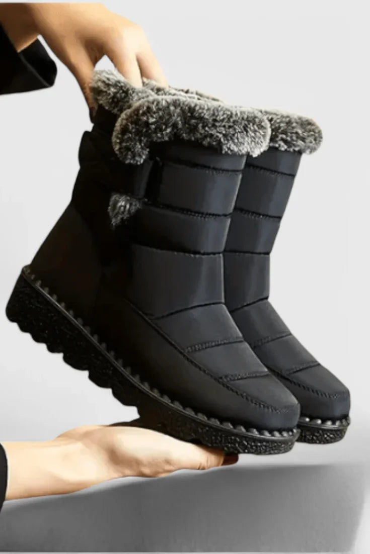 Women's quilted waterproof winter boots with fur-lined collar and slip-resistant sole – Black