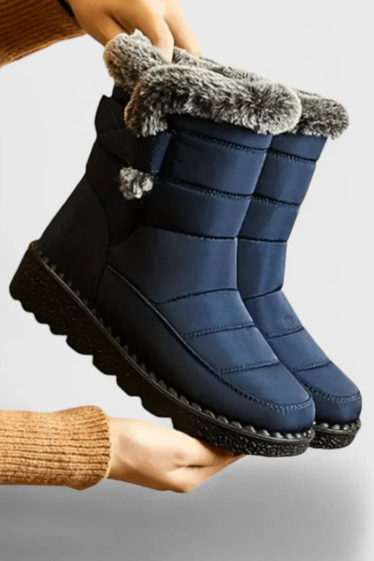 Women's quilted waterproof winter boots with fur-lined collar and slip-resistant sole – Blue