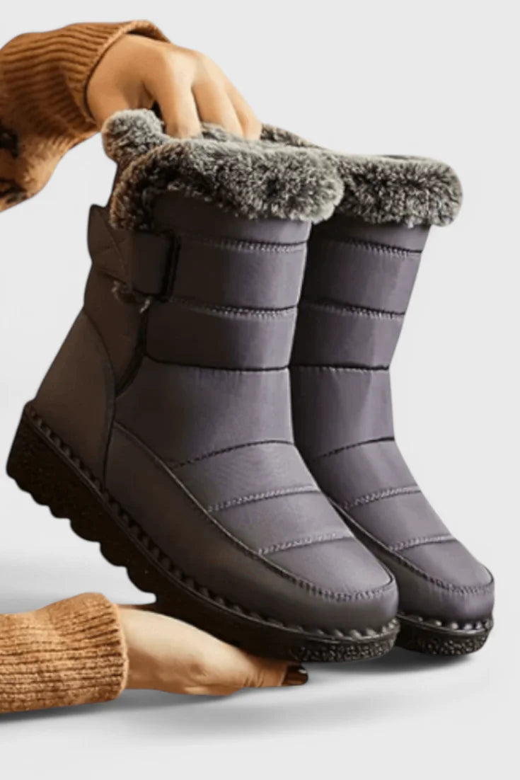 Women's quilted waterproof winter boots with fur-lined collar and slip-resistant sole – Grey