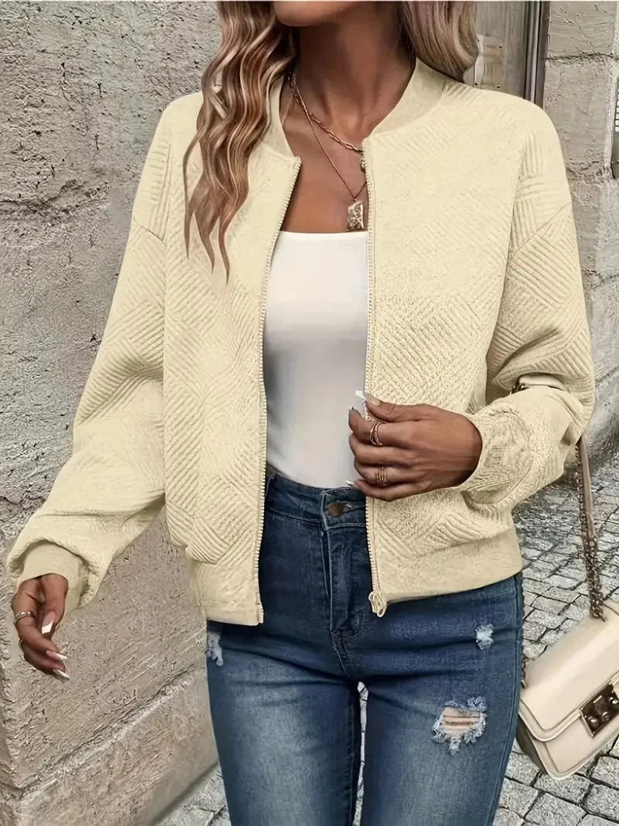 Women's quilted zip-up bomber jacket textured cropped – Apricot