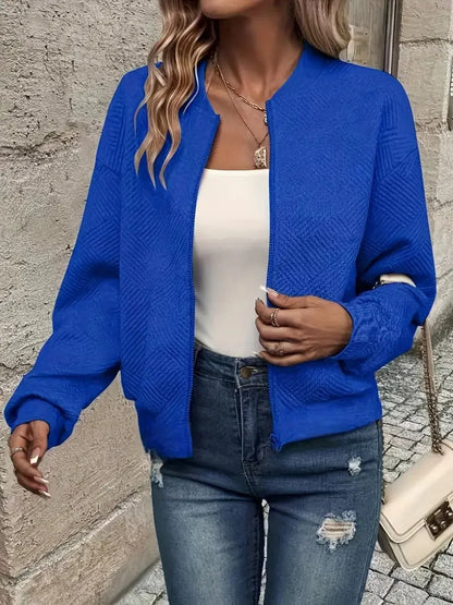 Women's quilted zip-up bomber jacket textured cropped – Blue