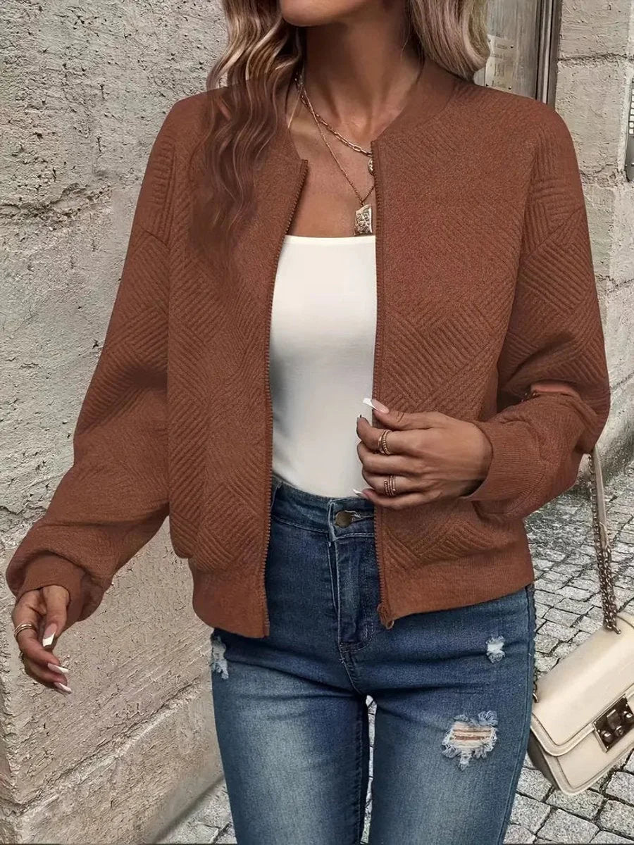Women's quilted zip-up bomber jacket textured cropped – Dark Brown