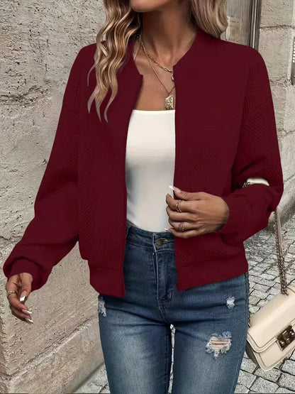 Women's quilted zip-up bomber jacket textured cropped – Dark Red