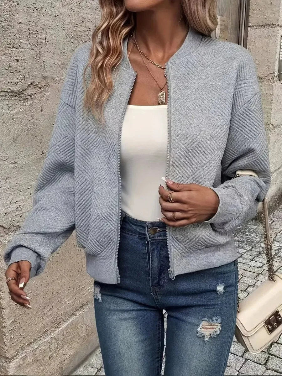 Women's quilted zip-up bomber jacket textured cropped – Gray