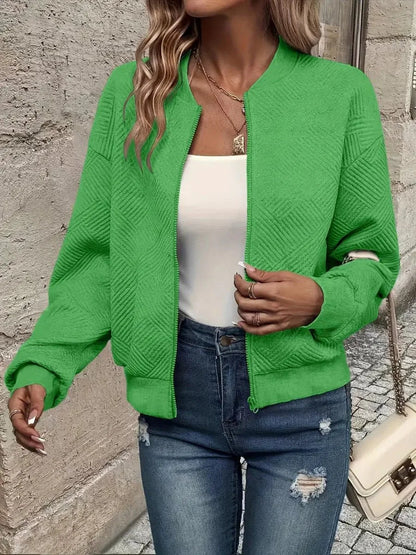 Women's quilted zip-up bomber jacket textured cropped – Green