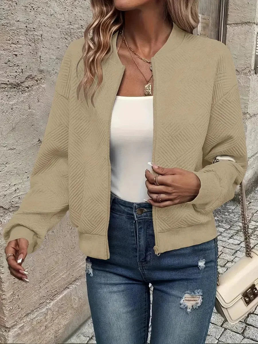 Women's quilted zip-up bomber jacket textured cropped – Khaki