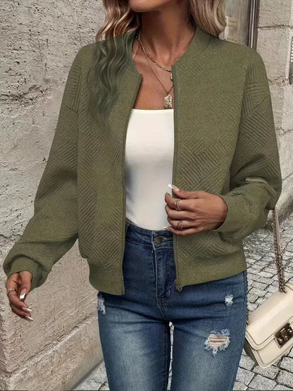 Women's quilted zip-up bomber jacket textured cropped – Olive Green