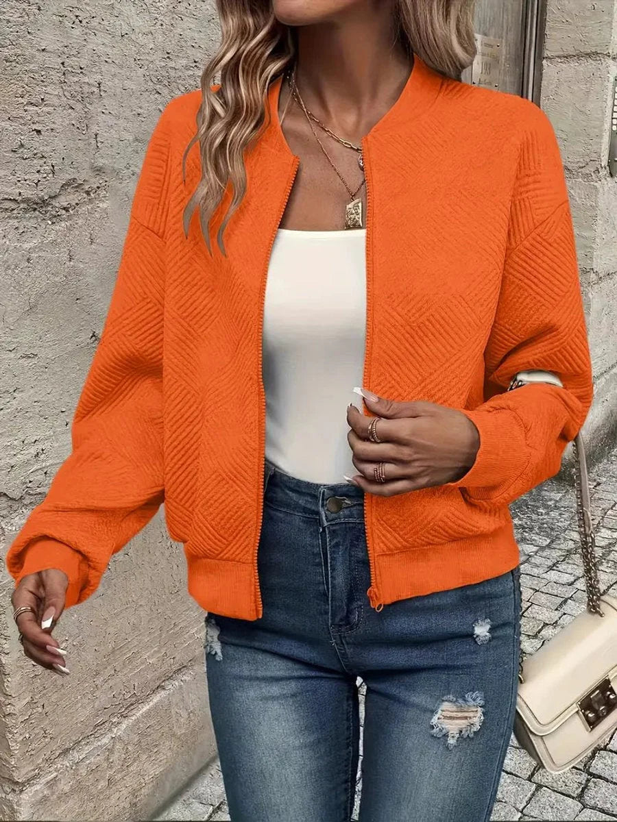 Women's quilted zip-up bomber jacket textured cropped – Orange