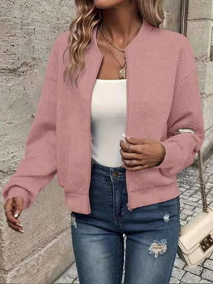 Women's quilted zip-up bomber jacket textured cropped – Pink