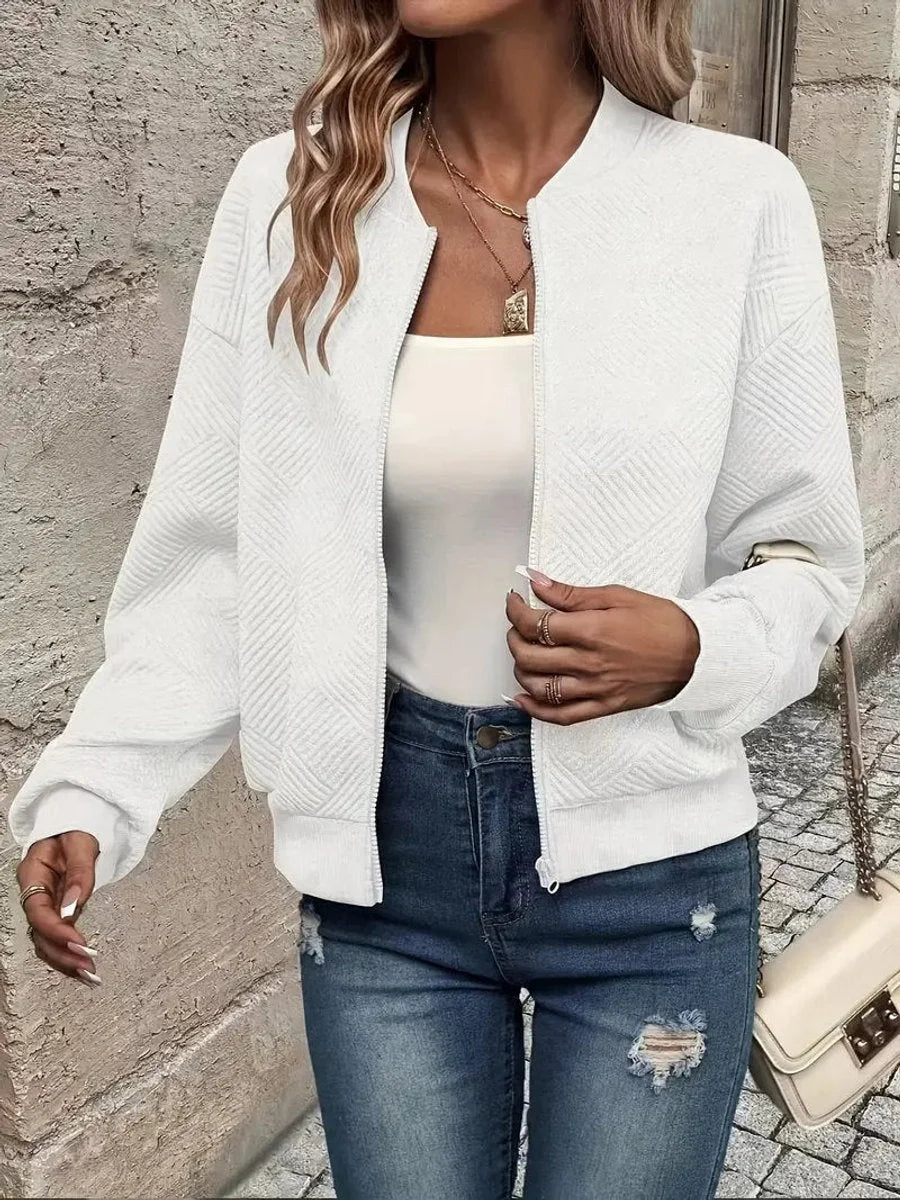 Women's quilted zip-up bomber jacket textured cropped – White